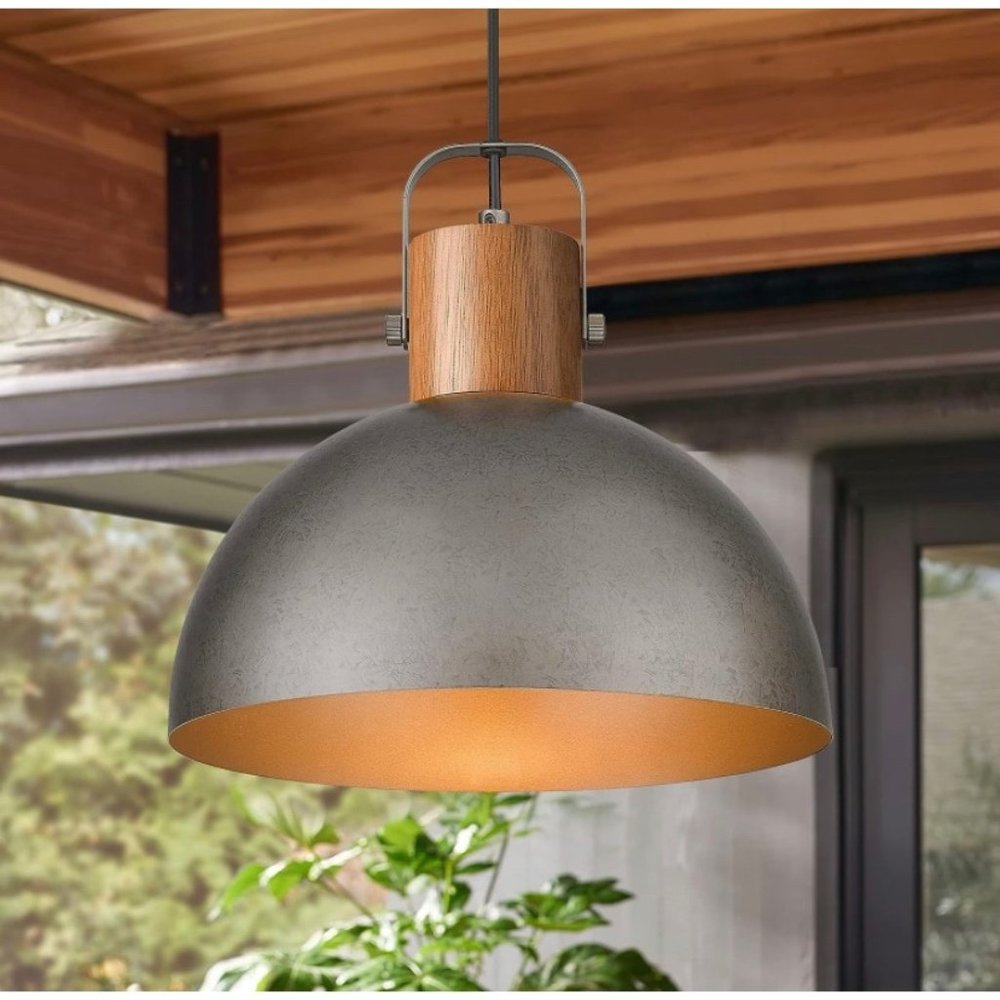 ELYONA Industrial Pendant Light Fixtures, 12" Rubber Wood Dome Hanging Lamp, Dar